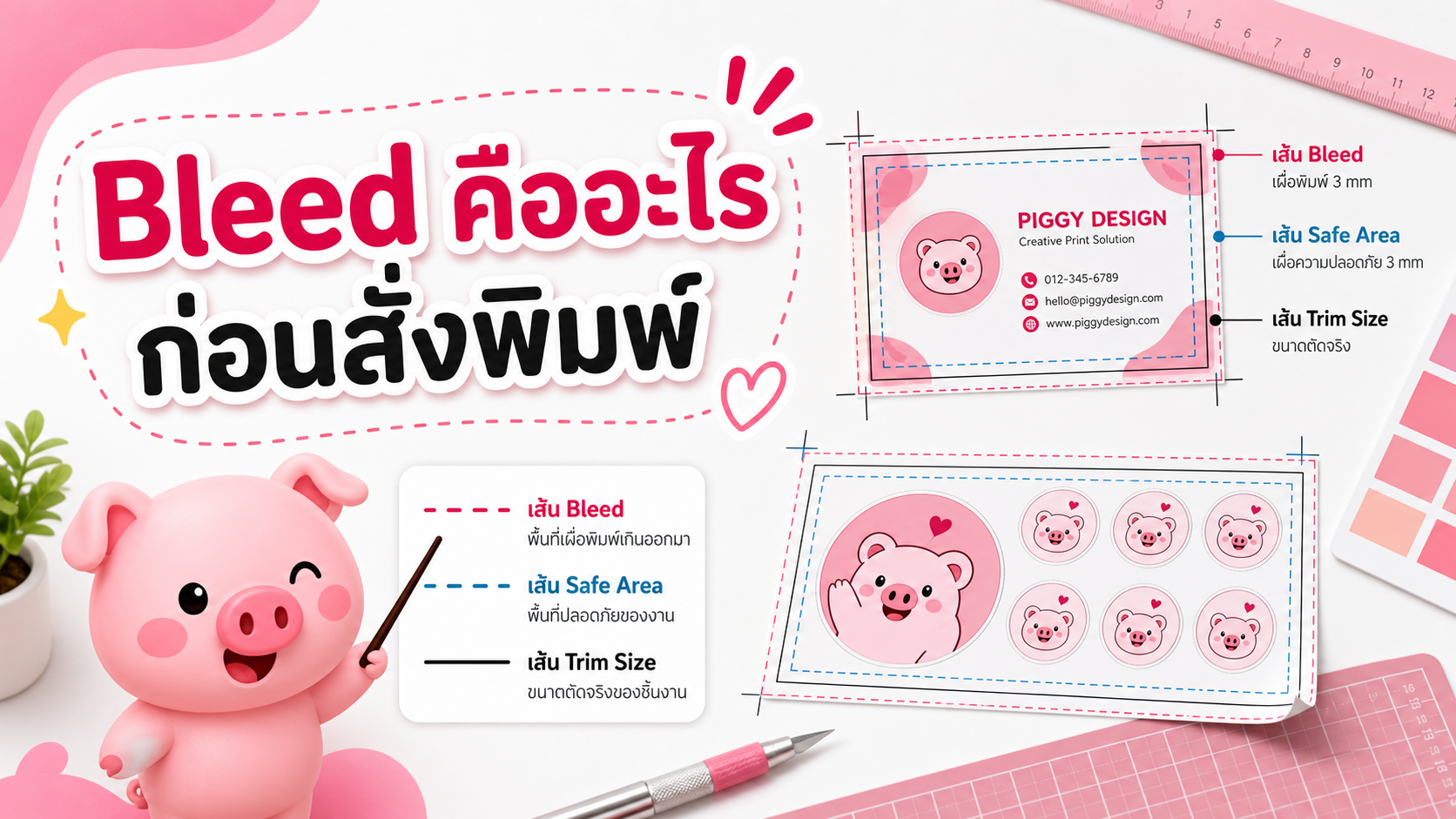 ภาพอธิบาย bleed safe area และ trim line ในไฟล์งานพิมพ์