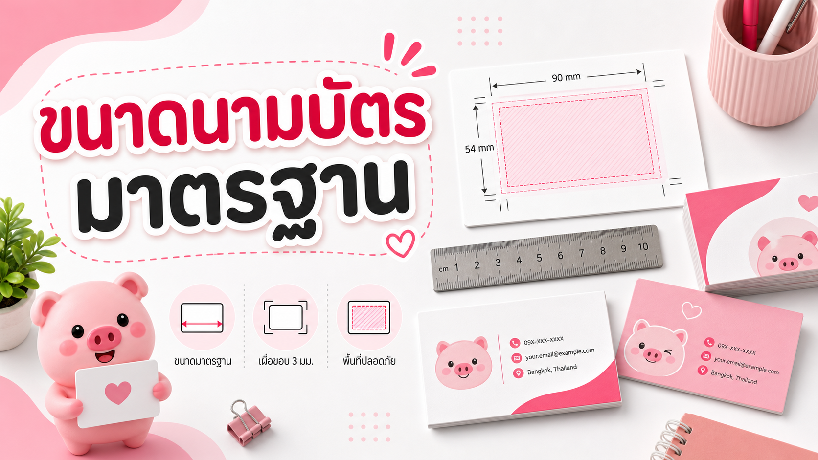 ภาพนามบัตร ไม้บรรทัด และเส้นขอบตัดสำหรับคู่มือขนาดนามบัตรมาตรฐาน