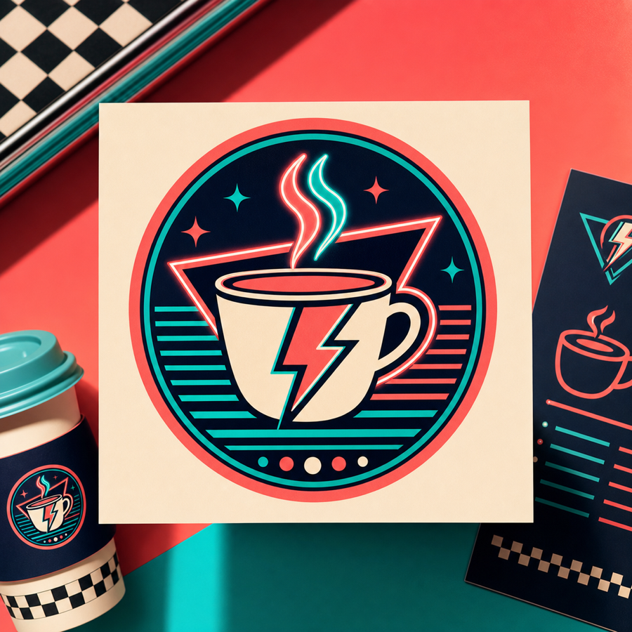 ตัวอย่างโลโก้ร้านกาแฟแนว retro neon สีจัดจาก prompt