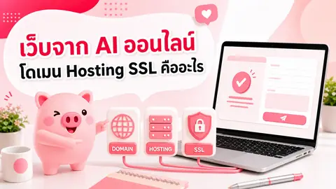 ภาพมาสคอต Piggy อธิบายเรื่อง เว็บจาก AI จะออนไลน์จริงได้อย่างไร เข้าใจโดเมน Hosting และ SSL แบบไม่ต้องเป็นโปรแกรมเมอร์