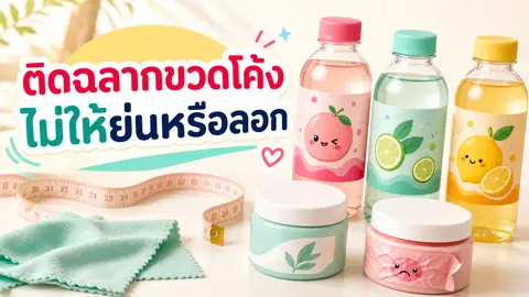ขวดทรงโค้งหลายแบบพร้อมฉลากเรียบ ตัวอย่างฉลากย่น เทปวัด และผ้าเช็ดพื้นผิว