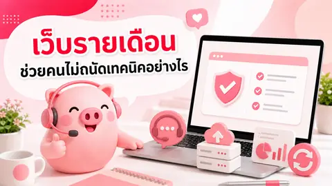 ภาพมาสคอต Piggy อธิบายเรื่อง บริการเว็บไซต์รายเดือนช่วยเจ้าของธุรกิจที่ไม่ถนัดเทคนิคอย่างไร