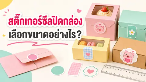กล่องเบเกอรี่และกล่องพัสดุใช้สติกเกอร์ซีลหลายขนาดและรูปทรง พร้อมไม้บรรทัดวัดรอยพับ