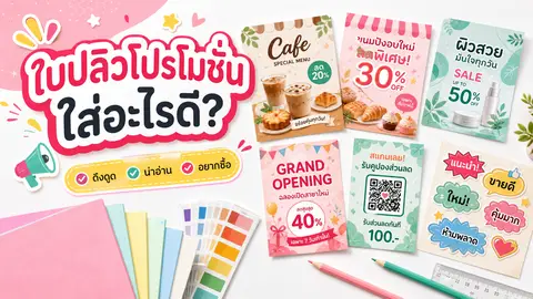 ใบปลิวโปรโมชันสีสดใสพร้อมตัวอย่างข้อความและคูปอง