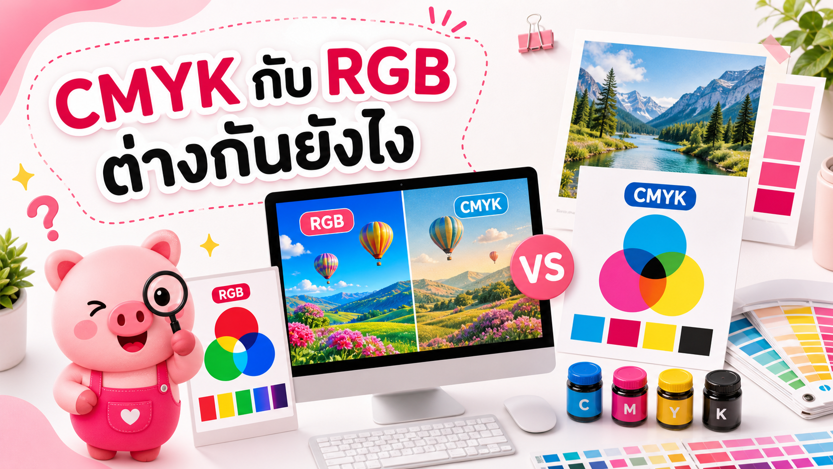 ภาพเปรียบเทียบสี RGB บนหน้าจอกับสี CMYK บนงานพิมพ์