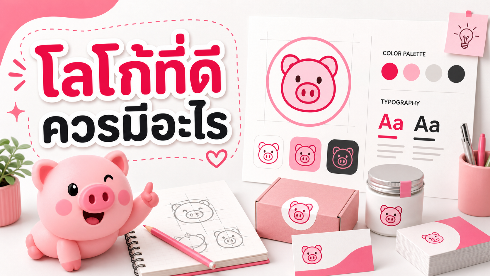 ภาพร่างโลโก้ สีแบรนด์ และตัวอย่างการนำโลโก้ไปใช้บนงานพิมพ์