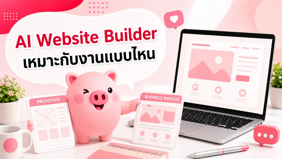 ภาพมาสคอต Piggy อธิบายเรื่อง AI Website Builder เหมาะกับงานแบบไหน และงานแบบไหนควรมีทีมช่วยดูแล