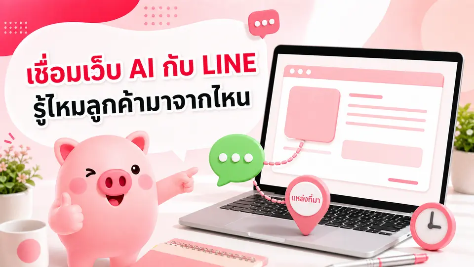 ภาพมาสคอต Piggy อธิบายเรื่อง เชื่อมเว็บไซต์ที่สร้างด้วย AI กับ LINE อย่างไร ให้รู้ว่าลูกค้ามาจากหน้าไหน