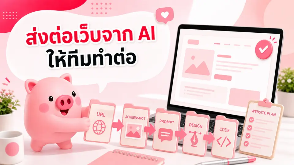 ภาพมาสคอต Piggy อธิบายเรื่อง มีต้นแบบเว็บไซต์จาก AI แล้ว ส่งต่อให้ทีมทำเว็บอย่างไรให้ใช้ประโยชน์ได้มากที่สุด