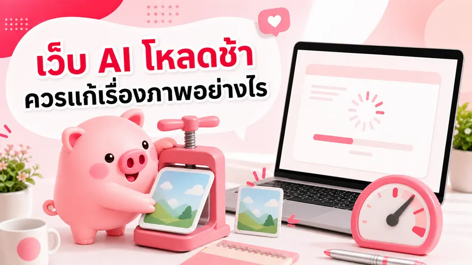 ภาพมาสคอต Piggy อธิบายเรื่อง เว็บ AI สวยแต่โหลดช้า เกิดจากอะไร และภาพควรเตรียมอย่างไร