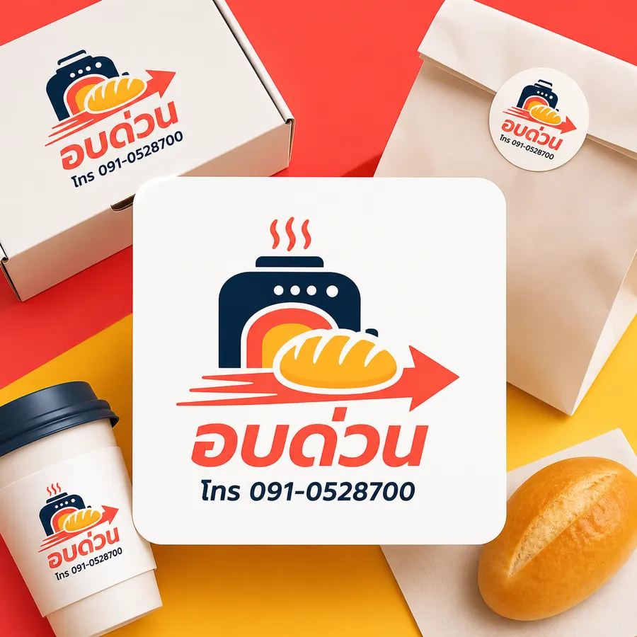 ตัวอย่างโลโก้เบเกอรี่เดลิเวอรี อบด่วน พร้อมเบอร์โทรบนกล่องส่งและสติกเกอร์