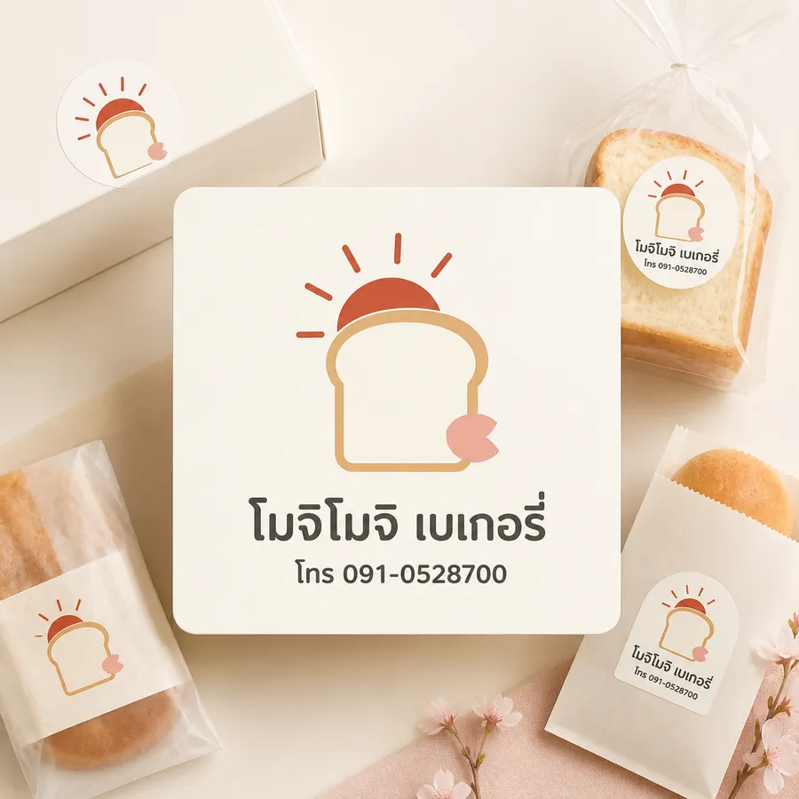 ตัวอย่างโลโก้ โมจิโมจิ เบเกอรี่ พร้อมเบอร์โทรบนถุง กล่อง และสติกเกอร์