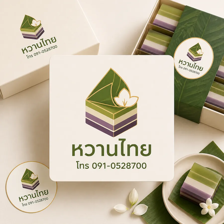 ตัวอย่างโลโก้ร้านขนมไทย หวานไทย พร้อมเบอร์โทรบนกล่องและถุงของฝาก