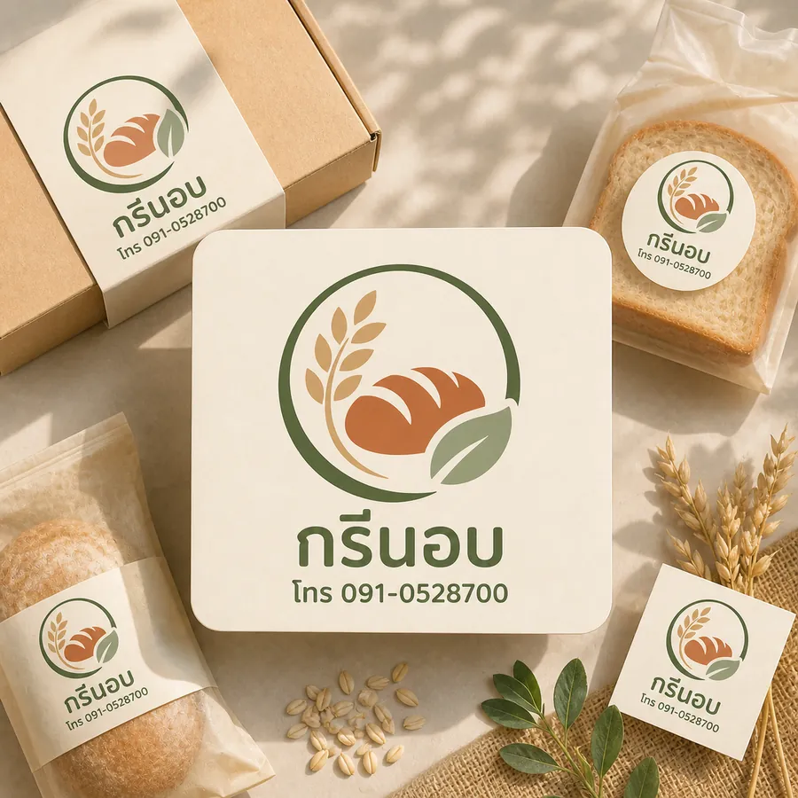 ตัวอย่างโลโก้เบเกอรี่วีแกน กรีนอบ พร้อมเบอร์โทรบนถุงและฉลากขนม