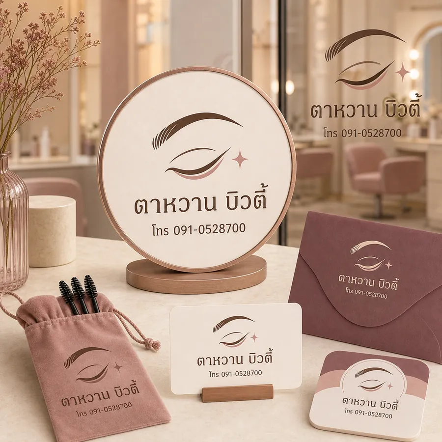 ตัวอย่างโลโก้ร้านขนตาและคิ้ว ตาหวาน บิวตี้ พร้อมเบอร์โทรบนป้ายและบัตรนัด