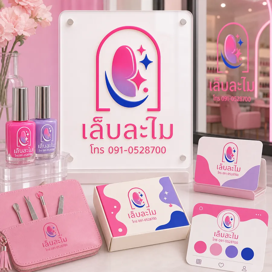 ตัวอย่างโลโก้ร้านทำเล็บ เล็บละไม พร้อมเบอร์โทรบนป้าย ขวดสีเล็บ และบัตรนัด