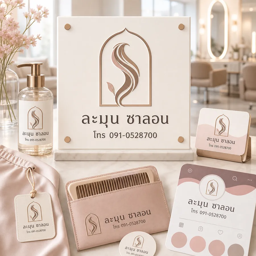 ตัวอย่างโลโก้ร้านทำผม ละมุน ซาลอน พร้อมเบอร์โทรบนป้าย บัตรนัด และอุปกรณ์ร้าน