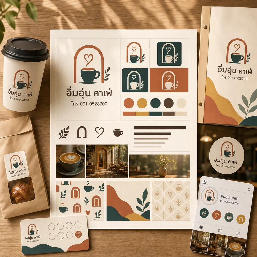 ตัวอย่าง Brand Guideline อิ่มอุ่น คาเฟ่ พร้อมโลโก้ สี แพตเทิร์น บรรจุภัณฑ์ และเบอร์โทร