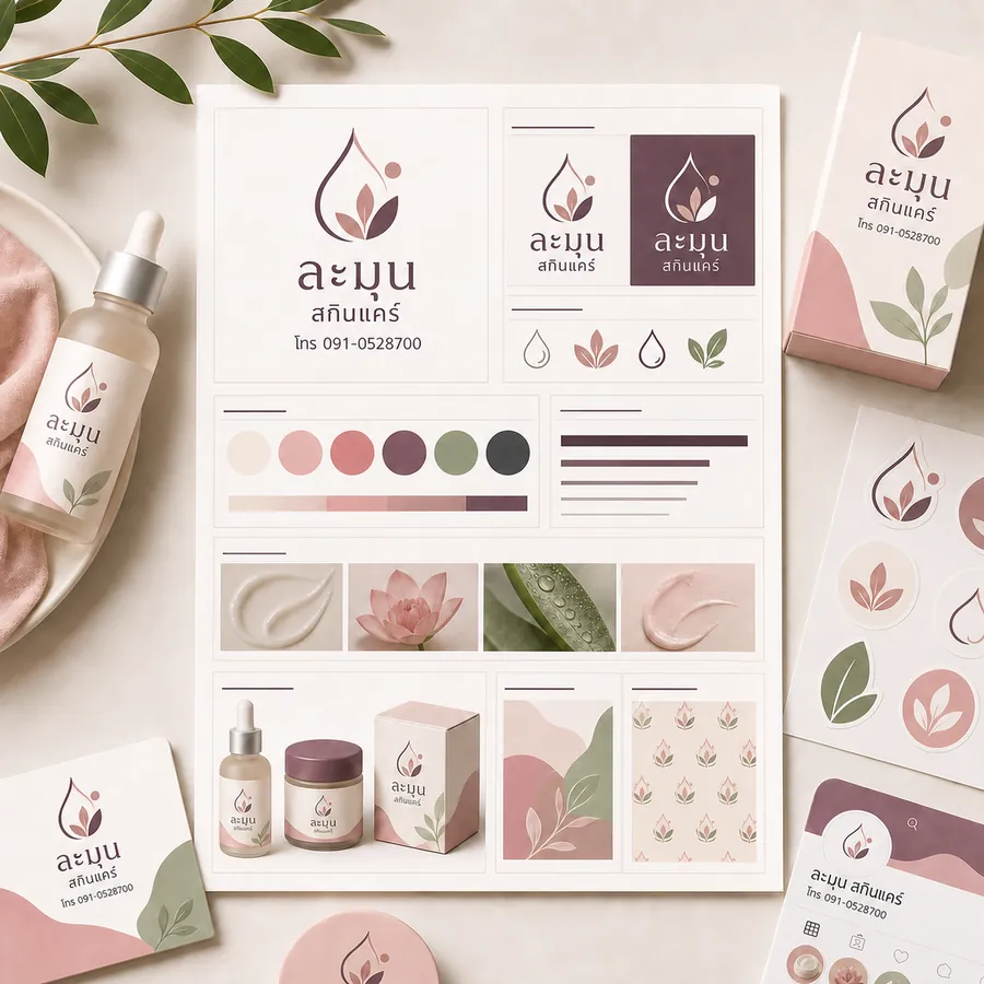 ตัวอย่าง Brand Guideline ละมุน สกินแคร์ พร้อมระบบโลโก้ สี บรรจุภัณฑ์ และเบอร์โทร