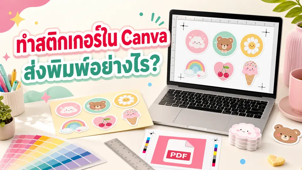 โต๊ะออกแบบสติกเกอร์ใน Canva พร้อมตัวอย่างไฟล์ PDF ไม้บรรทัด และสติกเกอร์ไดคัท