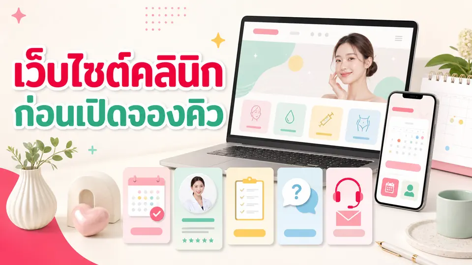 เว็บไซต์คลินิกและร้านเสริมสวยบนอุปกรณ์หลายขนาด พร้อมการ์ดบริการ ปฏิทิน ทีมงาน และคำถามที่พบบ่อย