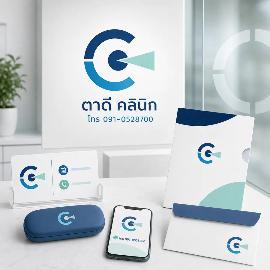 ตัวอย่างโลโก้ ตาดี คลินิก พร้อมเบอร์โทรบนป้าย บัตรนัด กล่องแว่น และเอกสาร