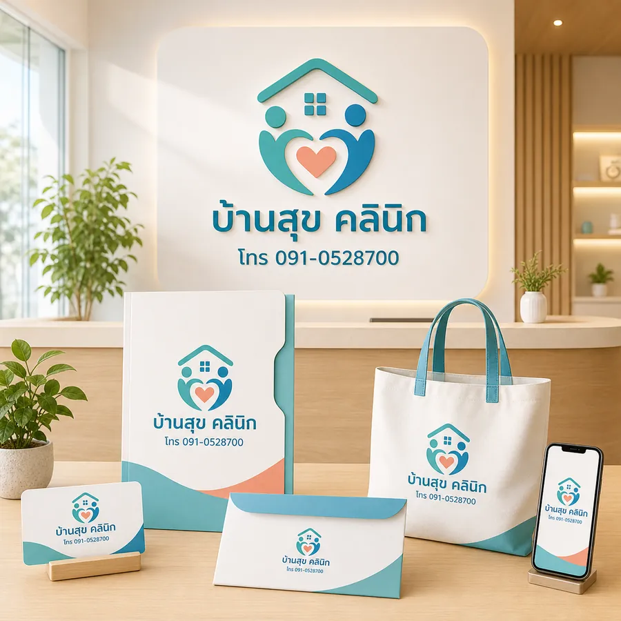 ตัวอย่างโลโก้ บ้านสุข คลินิก พร้อมเบอร์โทรบนป้าย บัตรนัด เอกสาร และกระเป๋า