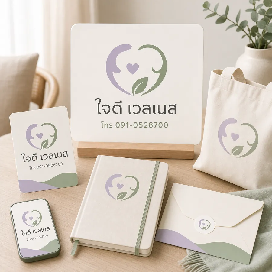 ตัวอย่างโลโก้ ใจดี เวลเนส พร้อมเบอร์โทรบนป้าย สมุด บัตรนัด และสื่อดิจิทัล