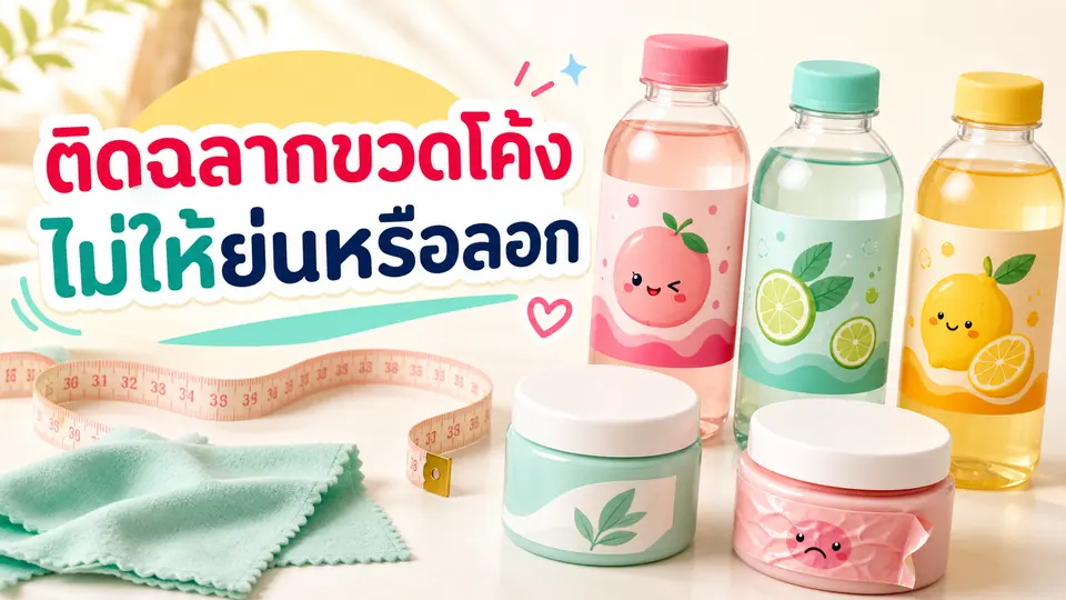 ขวดทรงโค้งหลายแบบพร้อมฉลากเรียบ ตัวอย่างฉลากย่น เทปวัด และผ้าเช็ดพื้นผิว