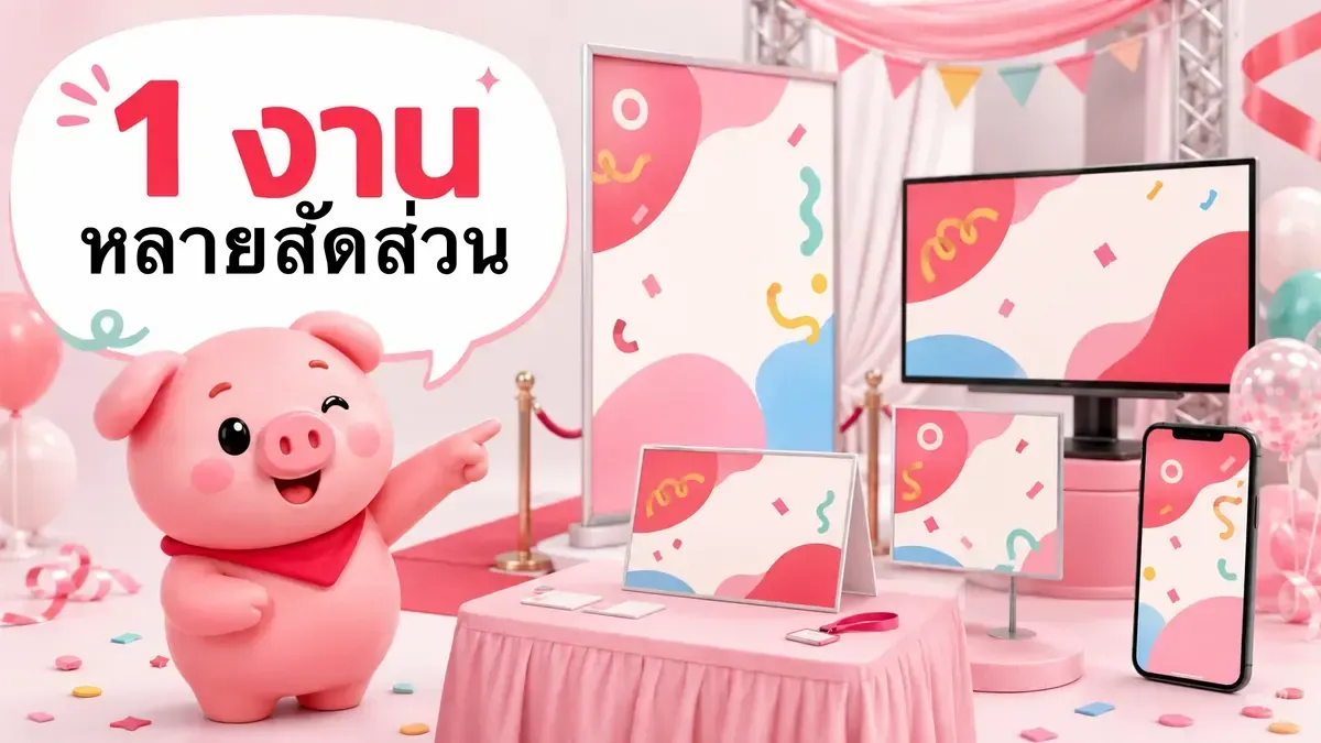 ตัวอย่างแคมเปญอีเวนต์เดียวกันในป้ายทางเข้า โต๊ะลงทะเบียน photo point จอ และมือถือ