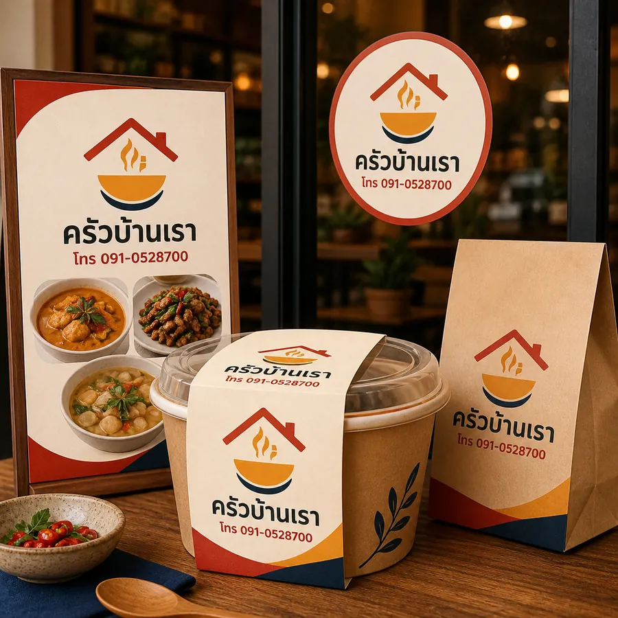ตัวอย่างโลโก้ร้านอาหาร ครัวบ้านเรา พร้อมเบอร์โทรบนกล่องอาหาร เมนู และสติกเกอร์หน้าร้าน