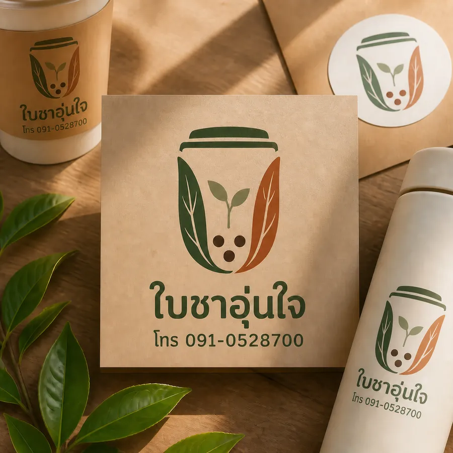 ตัวอย่างโลโก้ร้านชานมแนวอีโค พร้อมชื่อร้านใบชาอุ่นใจและเบอร์โทร