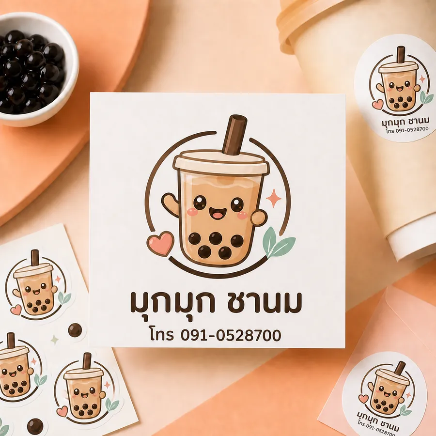 ตัวอย่างโลโก้มาสคอตแก้วชานม พร้อมชื่อร้านมุกมุก ชานมและเบอร์โทร