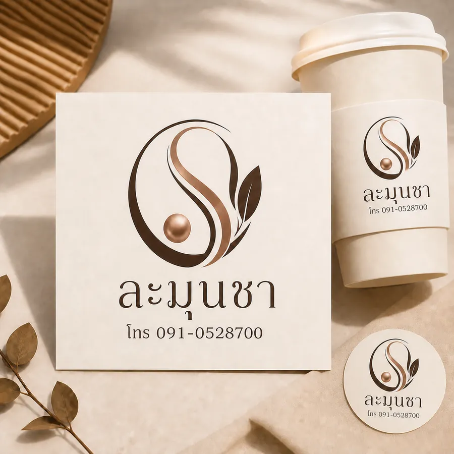 ตัวอย่างโลโก้ร้านชานมพรีเมียม พร้อมชื่อร้านละมุนชาและเบอร์โทร