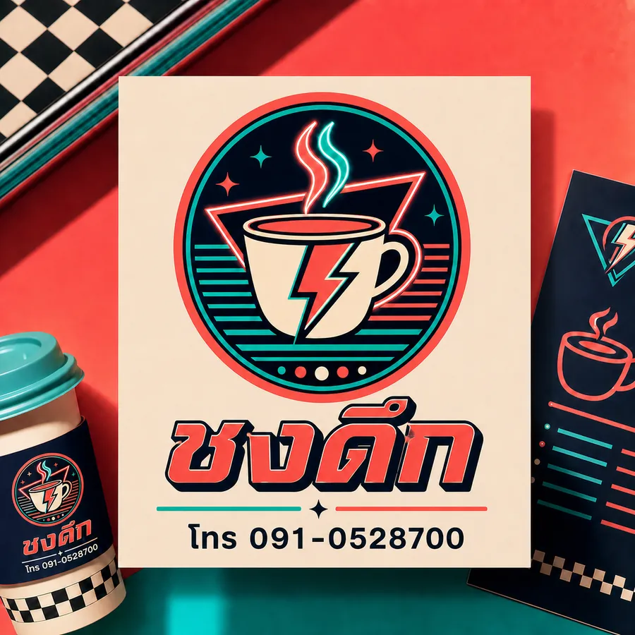 ตัวอย่างโลโก้ร้านชานมแนวเรโทร พร้อมชื่อร้านชงดึกและเบอร์โทร