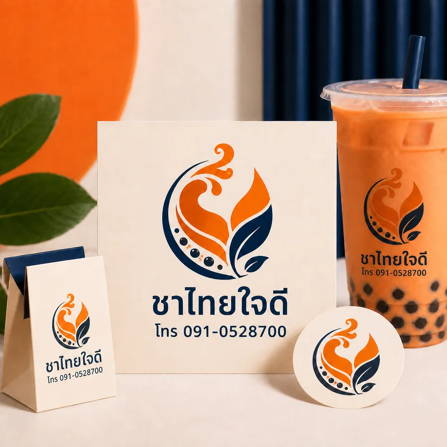ตัวอย่างโลโก้ชาไทยร่วมสมัย พร้อมชื่อร้านชาไทยใจดีและเบอร์โทร