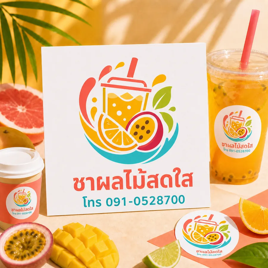 ตัวอย่างโลโก้ร้านชาผลไม้ พร้อมชื่อร้านชาผลไม้สดใสและเบอร์โทร
