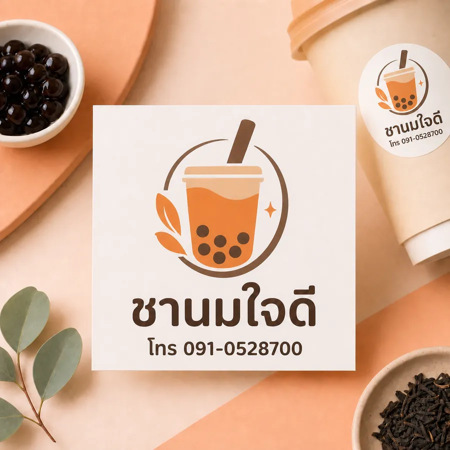 ตัวอย่างโลโก้ร้านชานมสดใส พร้อมชื่อร้านชานมใจดีและเบอร์โทร