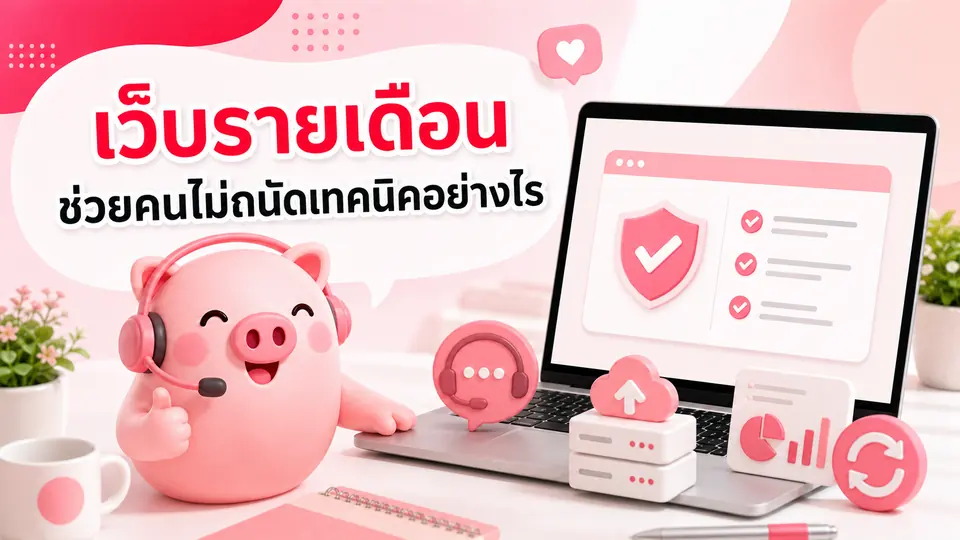 ภาพมาสคอต Piggy อธิบายเรื่อง บริการเว็บไซต์รายเดือนช่วยเจ้าของธุรกิจที่ไม่ถนัดเทคนิคอย่างไร