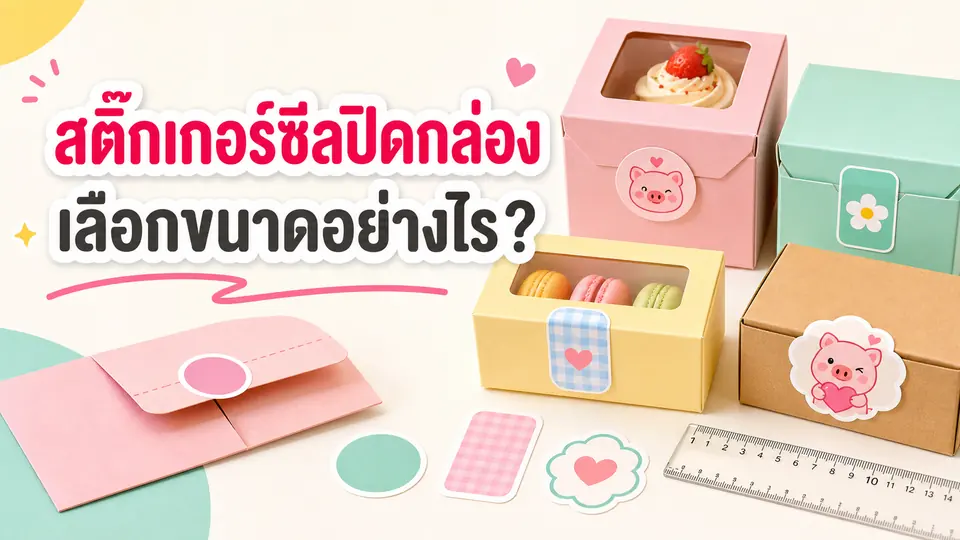 กล่องเบเกอรี่และกล่องพัสดุใช้สติกเกอร์ซีลหลายขนาดและรูปทรง พร้อมไม้บรรทัดวัดรอยพับ