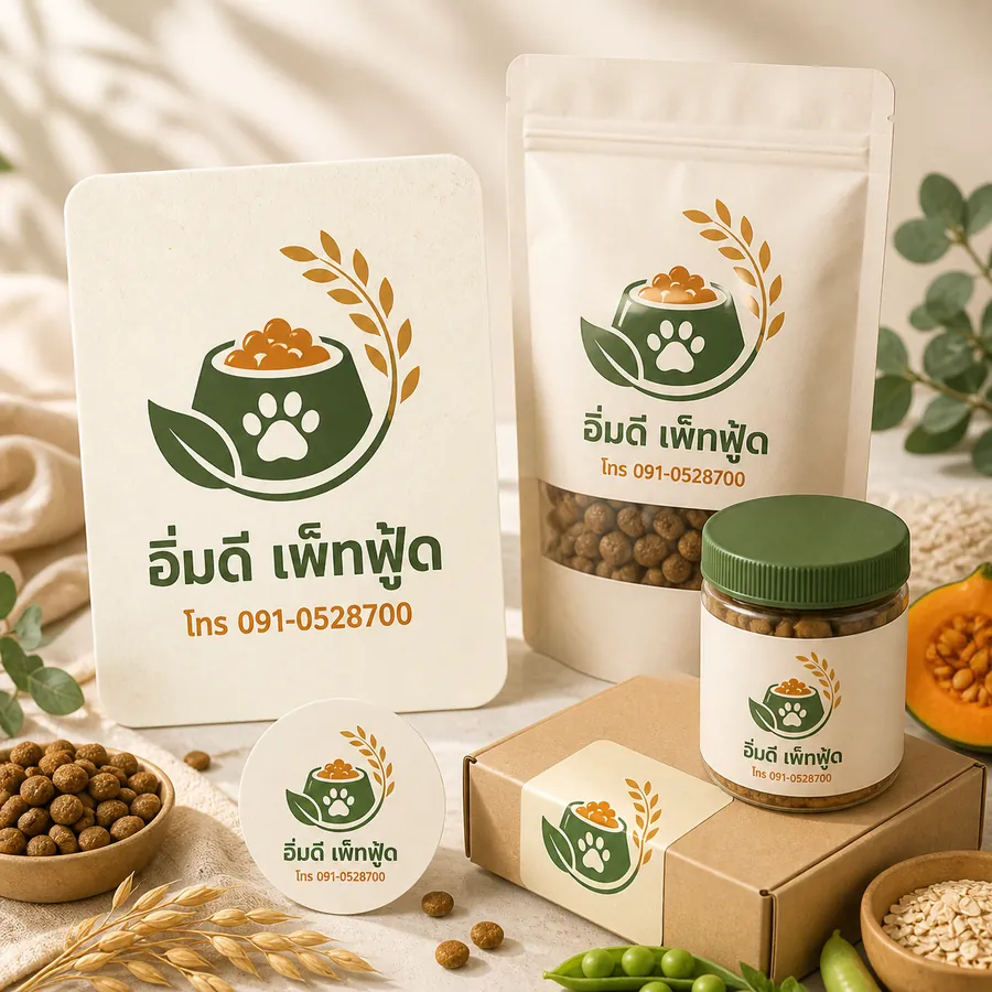 ตัวอย่างโลโก้อาหารสัตว์ อิ่มดี เพ็ทฟู้ด พร้อมเบอร์โทรบนถุงและฉลากสินค้า