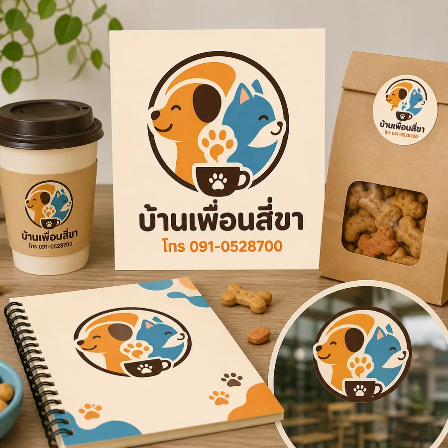 ตัวอย่างโลโก้คาเฟ่สัตว์ บ้านเพื่อนสี่ขา พร้อมเบอร์โทรบนแก้ว เมนู และป้ายร้าน