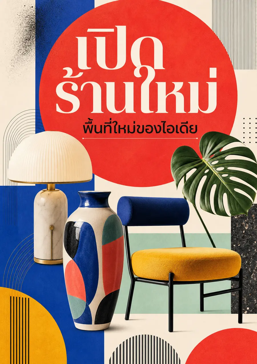 โปสเตอร์ A4 เปิดร้านใหม่สไตล์ Editorial พร้อมเฟอร์นิเจอร์และกราฟิกเรขาคณิต