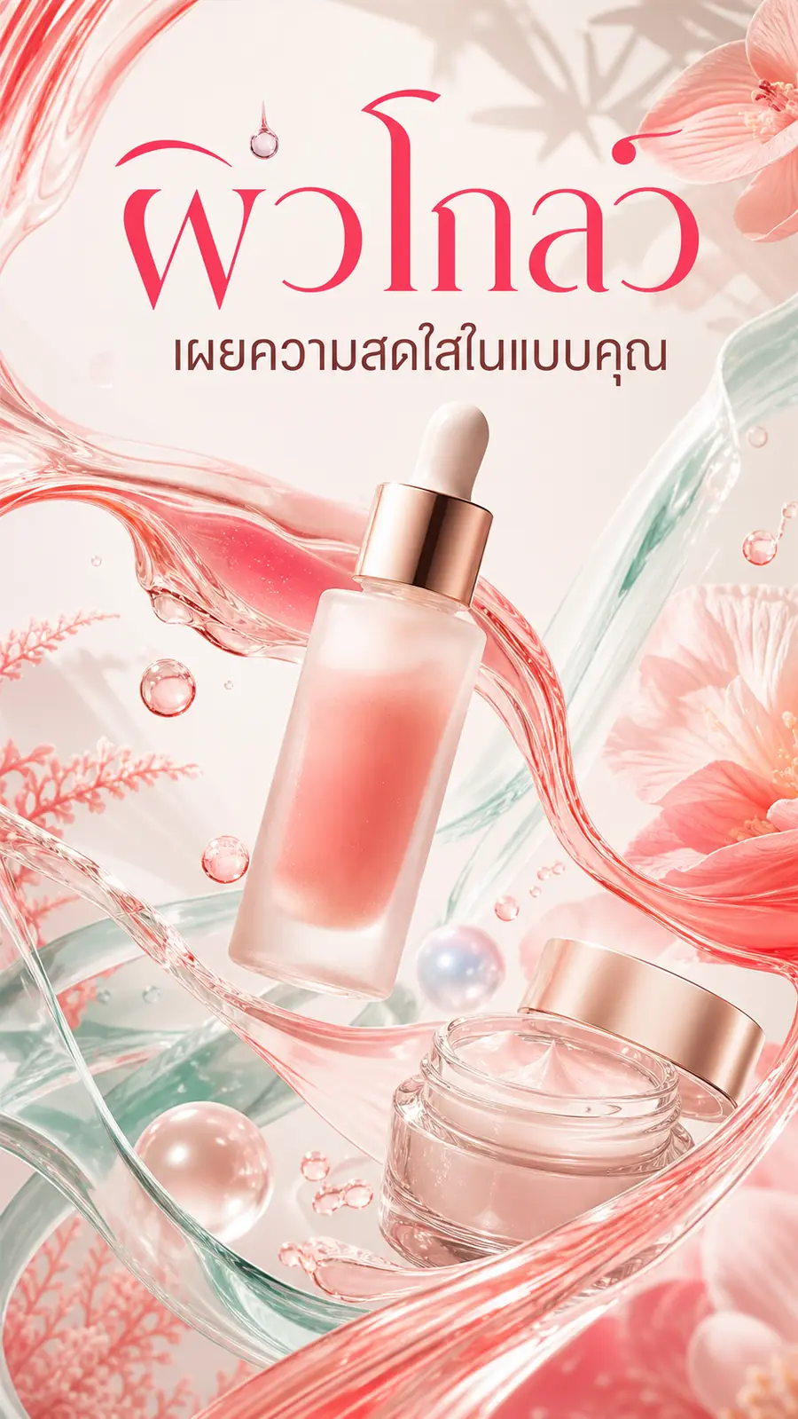 โปสเตอร์บิวตี้แนวตั้ง ผิวโกลว์ พร้อมขวดเซรั่ม กระปุกครีม และริบบิ้นของเหลว