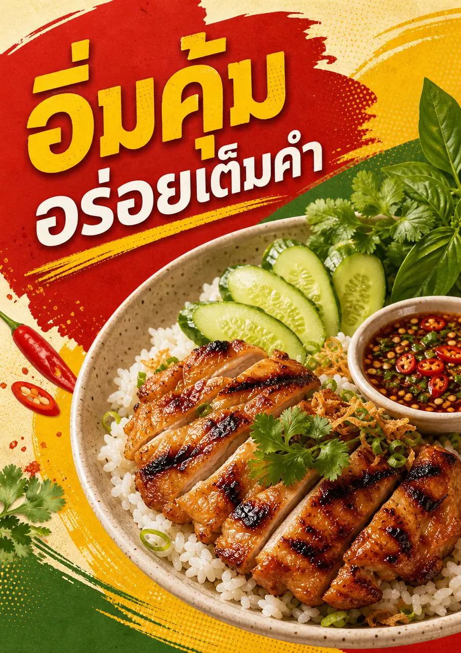 โปสเตอร์อาหาร A5 อิ่มคุ้ม พร้อมข้าวไก่ย่างและน้ำจิ้มในงานกราฟิกสีสด