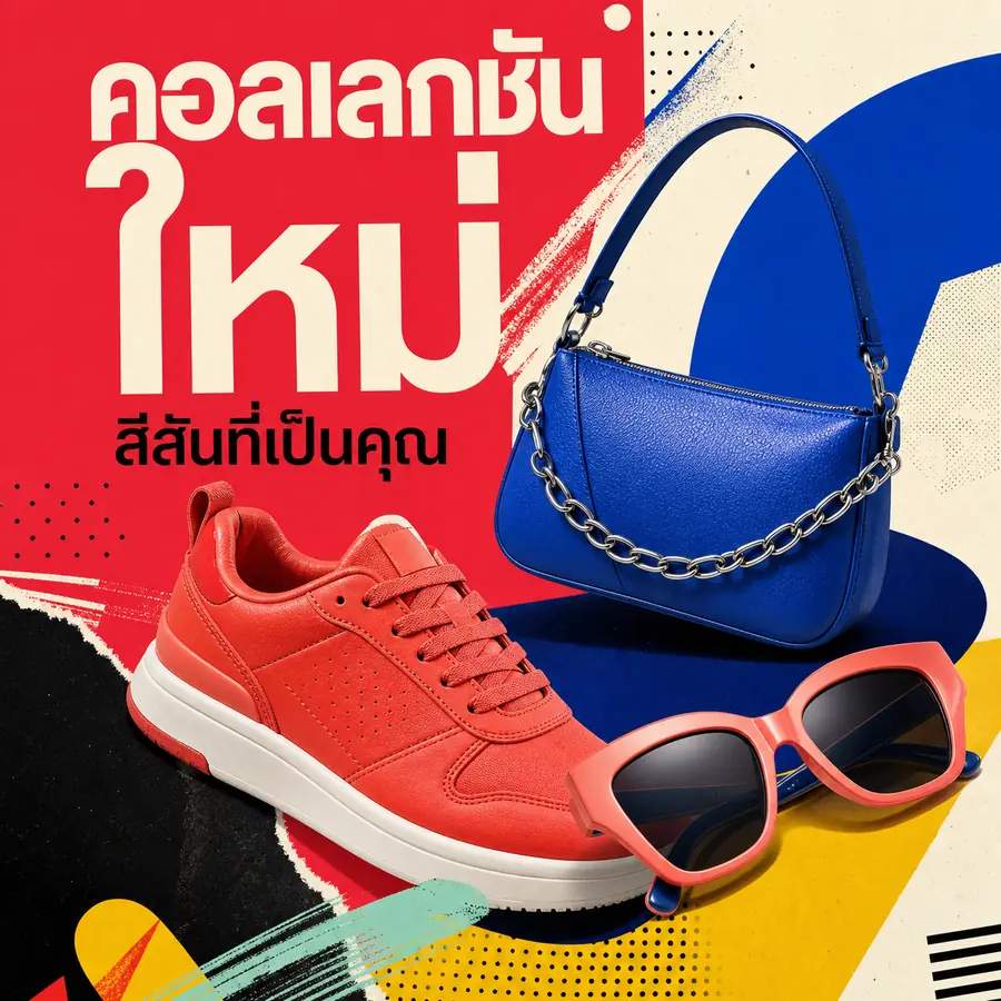 โปสเตอร์คอลเลกชันใหม่แบบจัตุรัส ใช้รองเท้า กระเป๋า และแว่นตาเป็นภาพหลัก