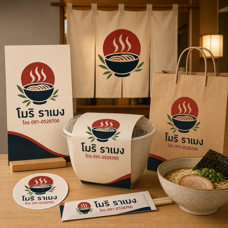 ตัวอย่างโลโก้ร้านราเมง โมริ ราเมง พร้อมเบอร์โทรบนเมนู ถุง และบรรจุภัณฑ์