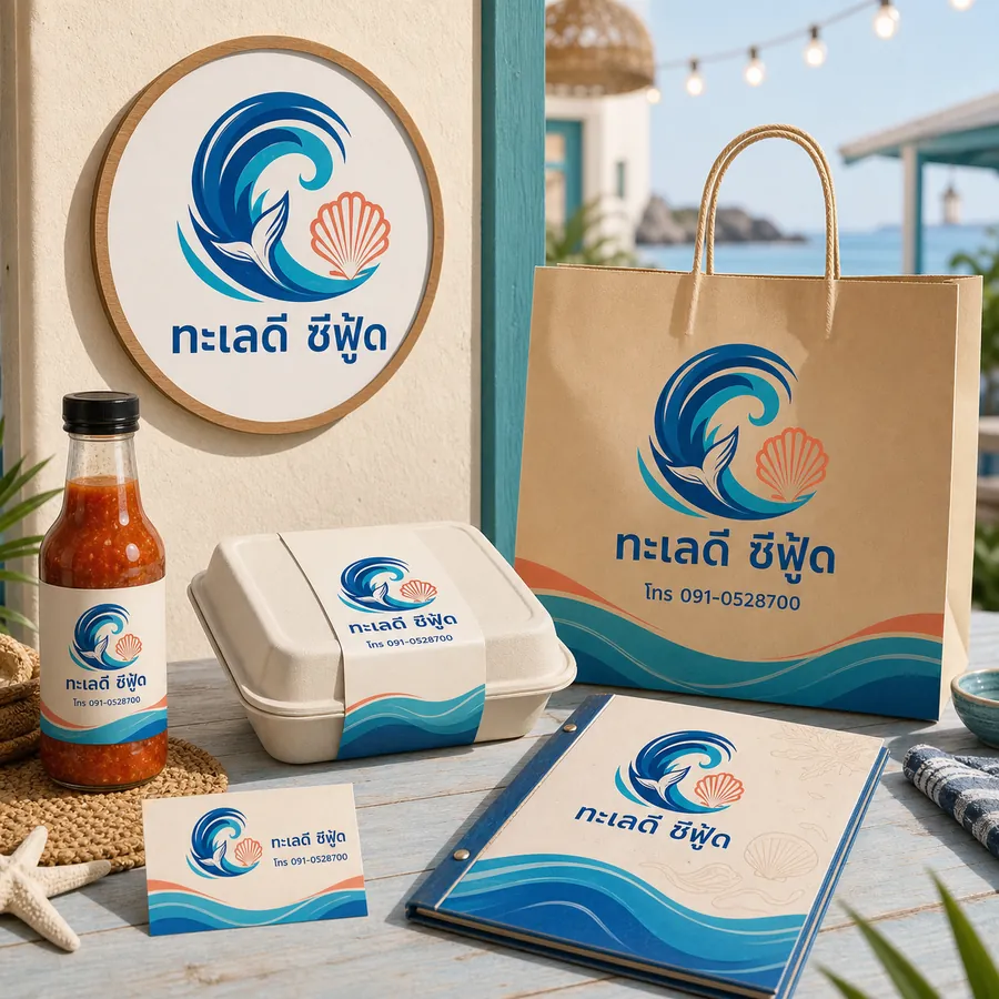 ตัวอย่างโลโก้ร้านอาหารทะเล ทะเลดี ซีฟู้ด พร้อมเบอร์โทรบนป้าย ถุง กล่อง และเมนู