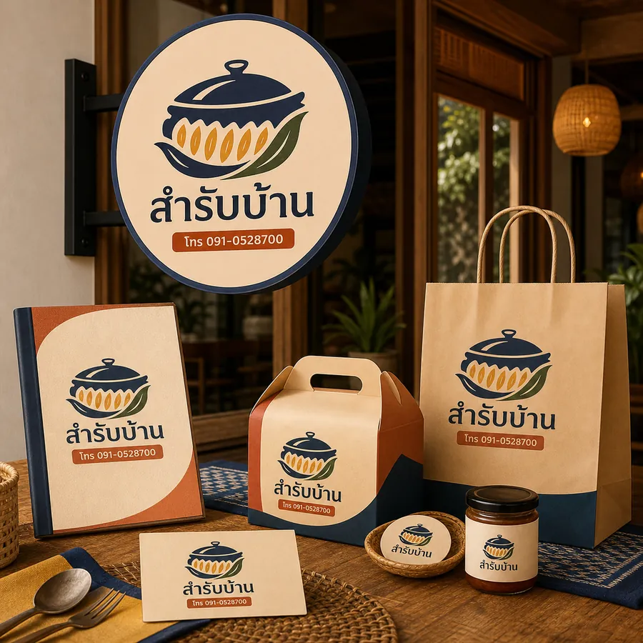 ตัวอย่างโลโก้ร้านอาหารไทย สำรับบ้าน พร้อมเบอร์โทรบนป้าย เมนู กล่อง และถุง
