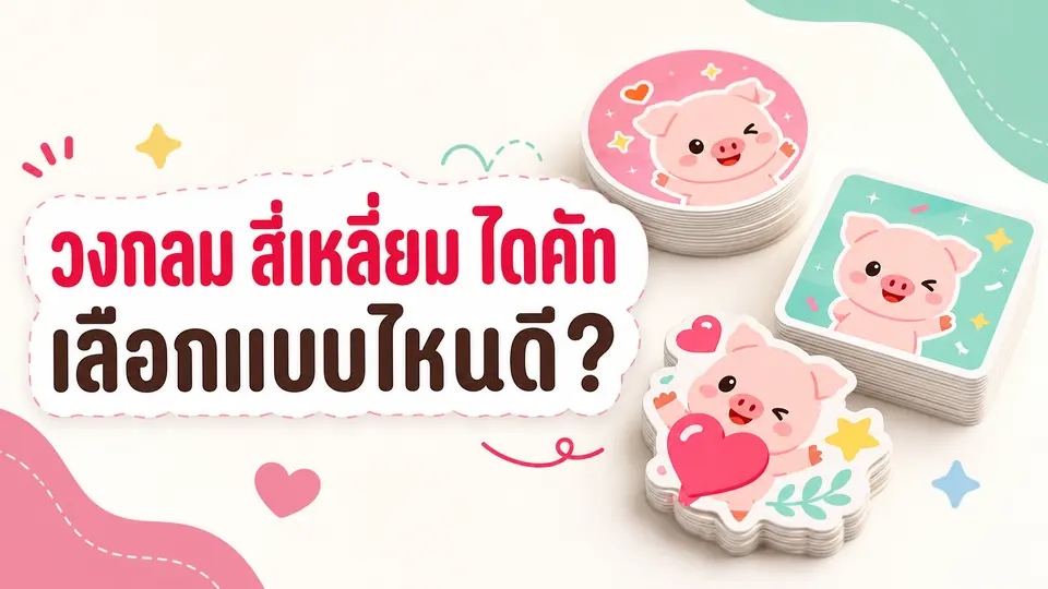 ตัวอย่างสติกเกอร์วงกลม สี่เหลี่ยม และไดคัทตามแบบจัดเป็นสามกลุ่มสำหรับเปรียบเทียบ